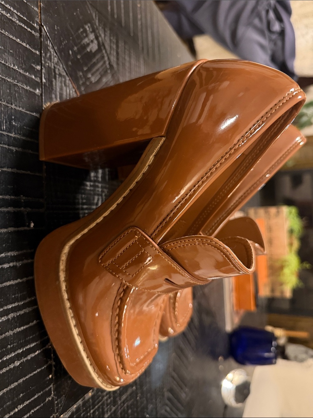 Patent Leather Block Heel Loafer in saddle tone